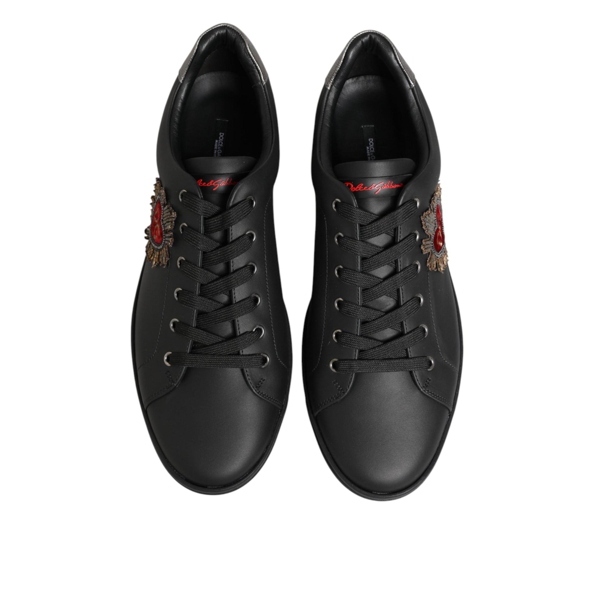 Dolce & Gabbana Black Leather Heart Embellished Sneakers Shoes