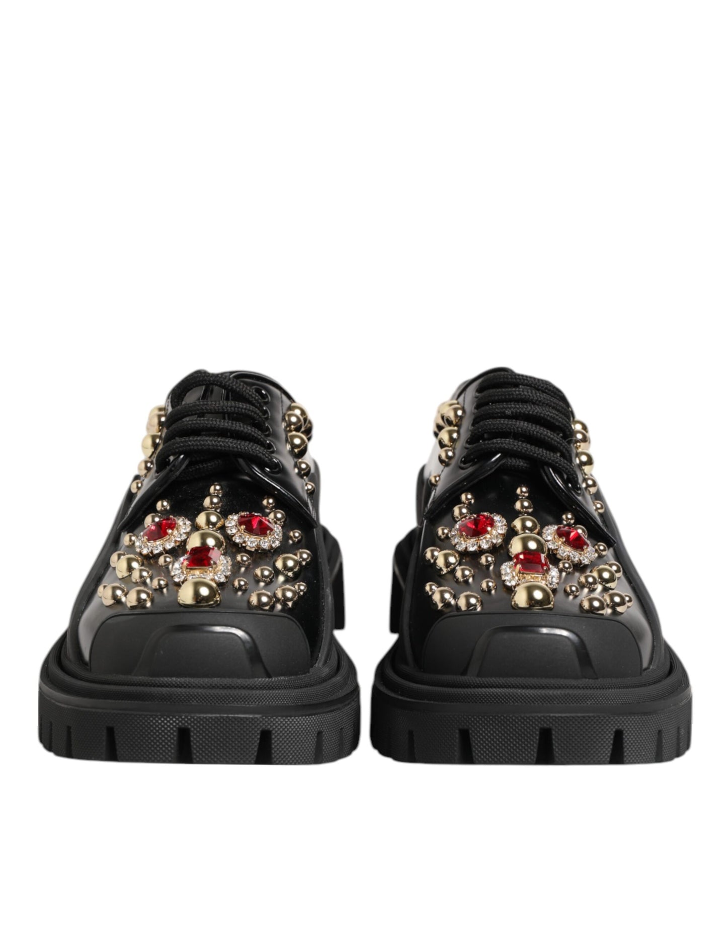 Dolce & Gabbana Black Leather Jeweled Crystals Derby Shoes