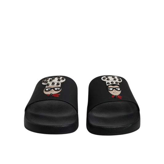 Dolce & Gabbana Black Leather Slides Sandals Beachwear Shoes