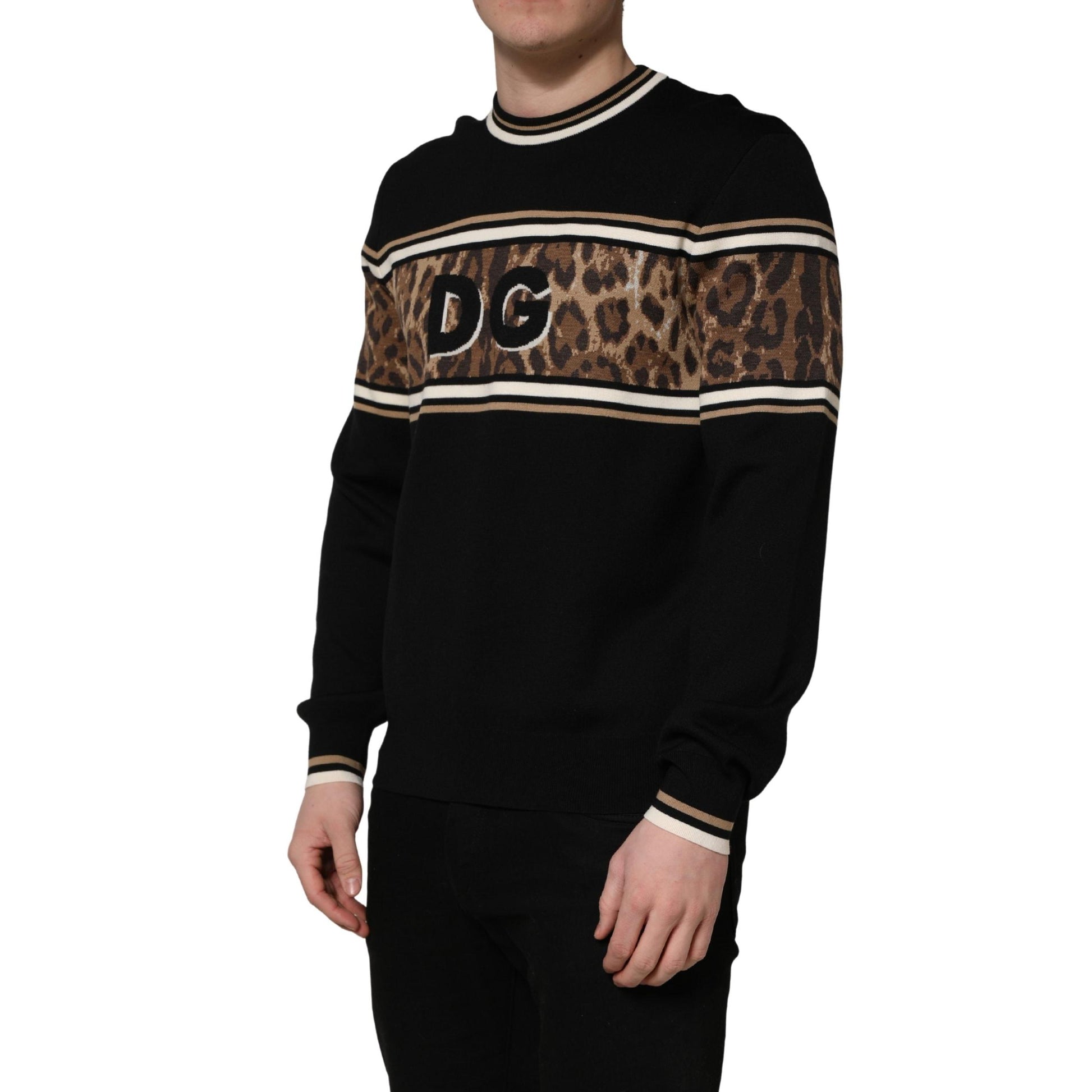 Dolce & Gabbana Black Leopard Wool Crew Neck Men Pullover Sweater