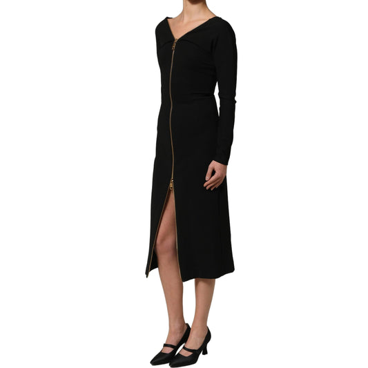 Dolce & Gabbana Black Long Sleeves Front Zipper Midi Dress