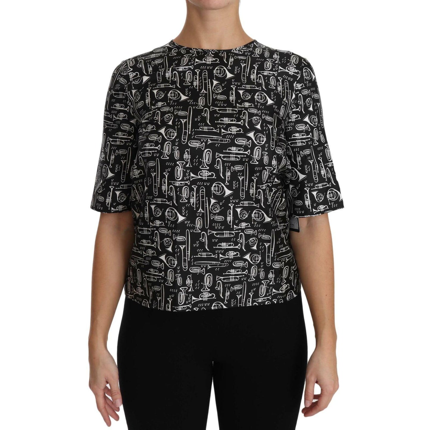 Dolce & Gabbana Black Musical Instruments Print Silk Blouse