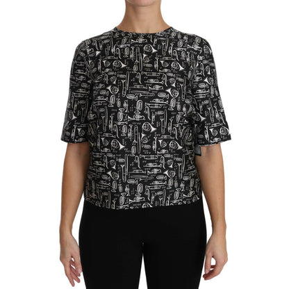 Dolce & Gabbana Black Musical Instruments Print Silk Blouse
