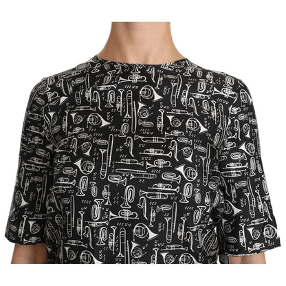 Dolce & Gabbana Black Musical Instruments Print Silk Blouse