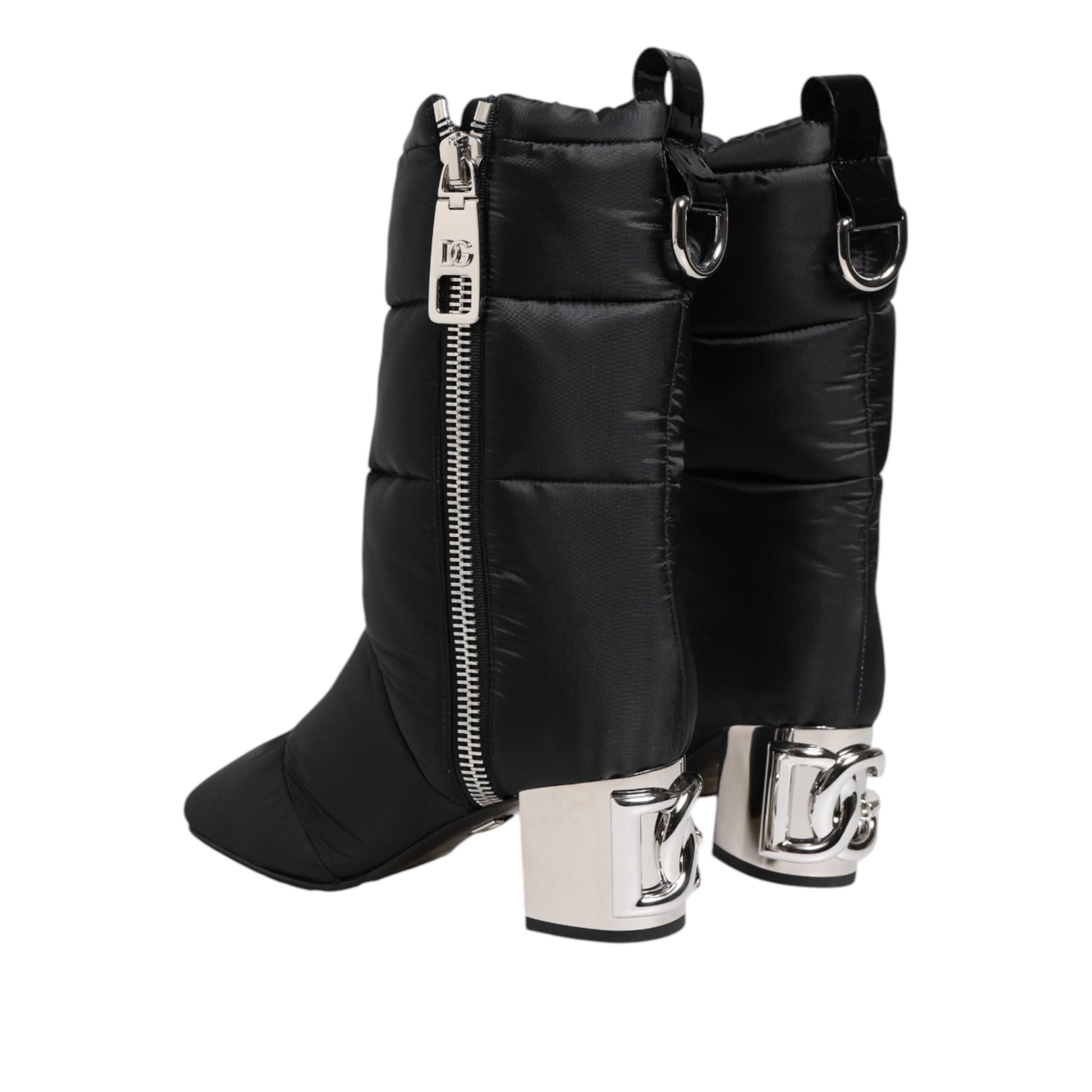 Dolce & Gabbana Black Padded Mid Calf Logo Heel Boots Shoes