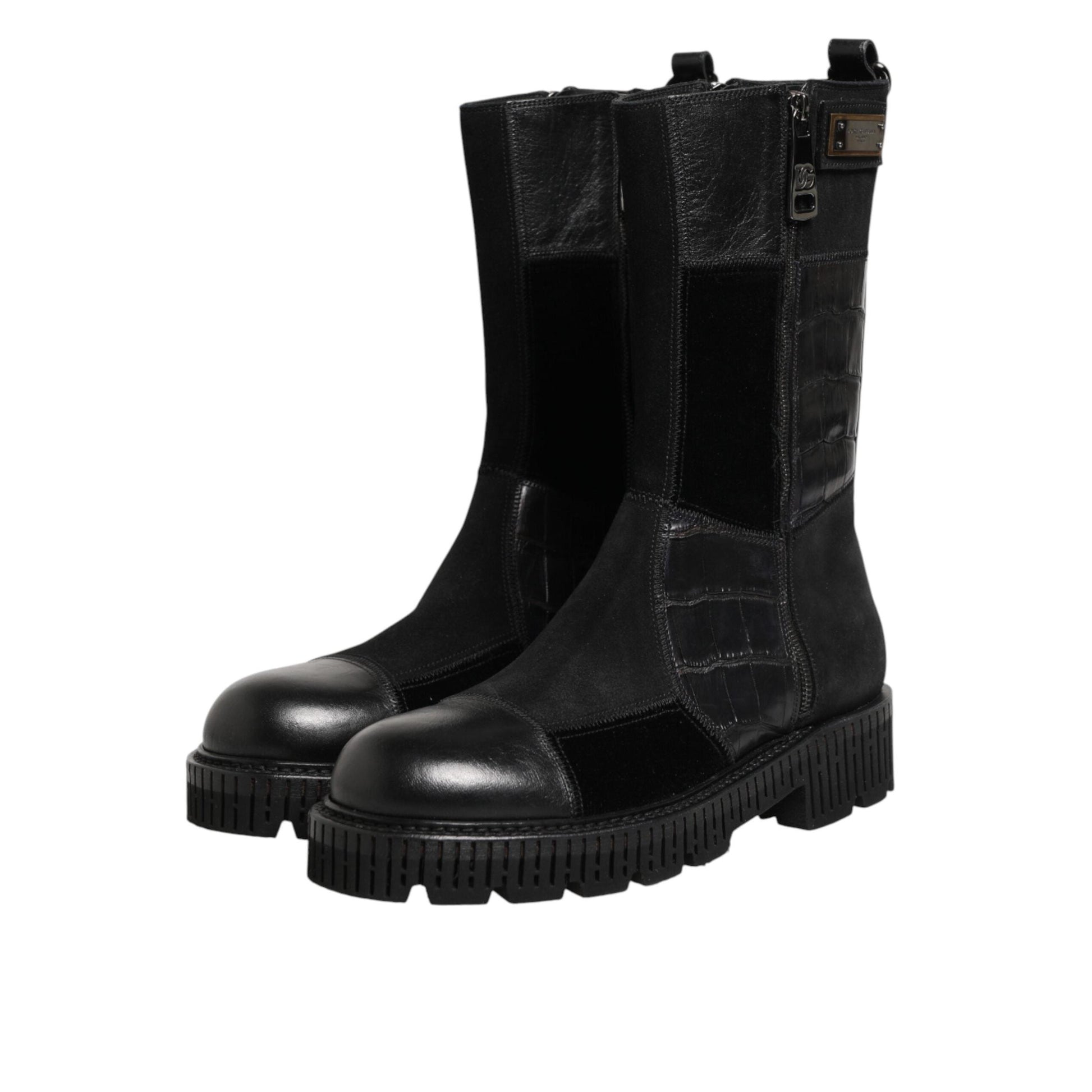 Dolce & Gabbana Black Patchwork Leather Mid Calf Boot Shoes