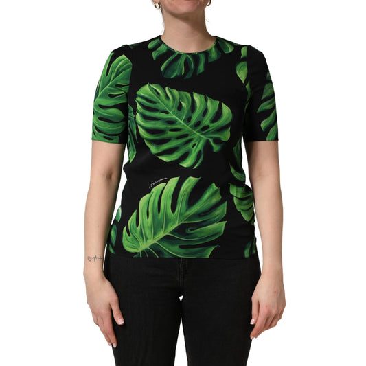 Dolce & Gabbana Black Philodendron Print Silk Blouse Top