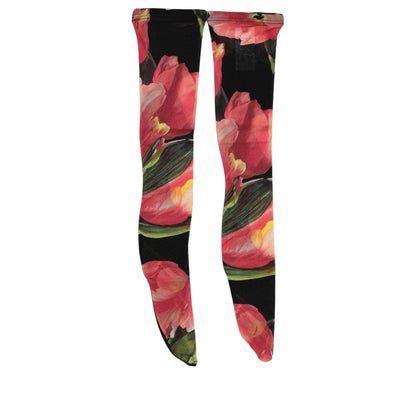 Dolce & Gabbana Black Pink Floral Tulip Nylon Stockings Socks