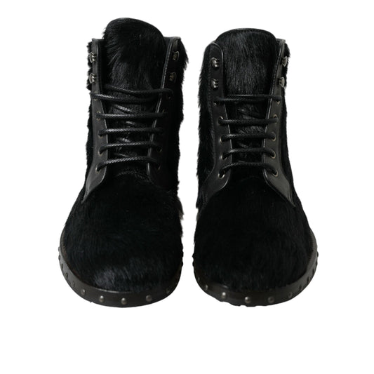 Dolce & Gabbana Black Pony Style Leather Mid Calf Boots Shoes