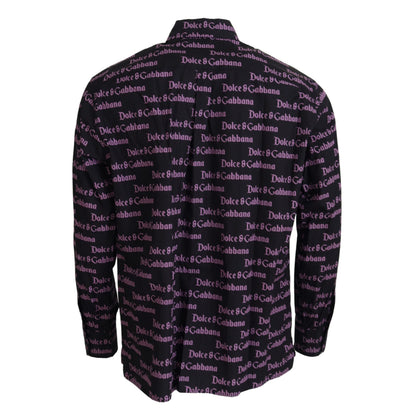 Dolce & Gabbana Black Purple Logo Slim Dress Formal Shirt