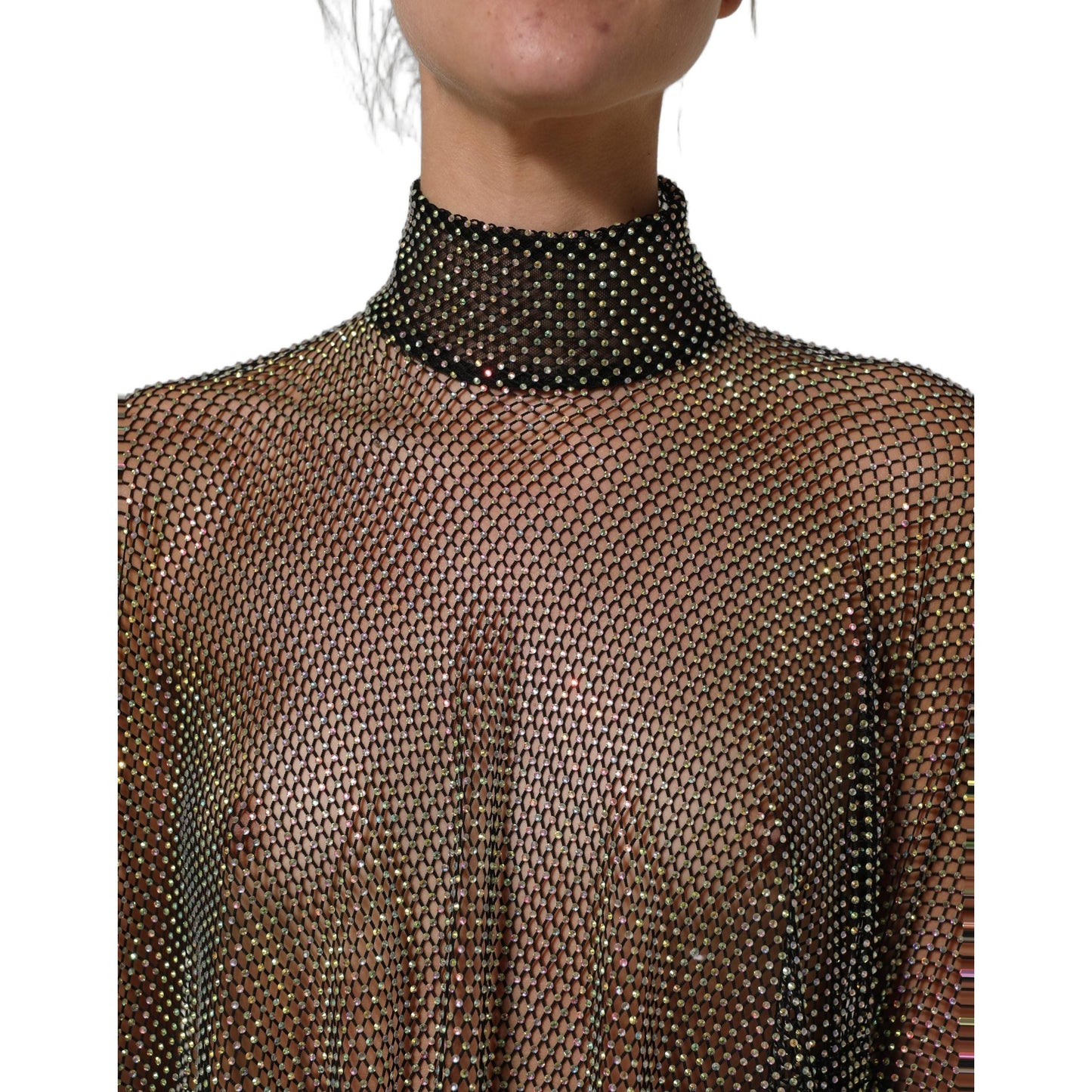Dolce & Gabbana Black Rhinestone Mesh Turtleneck Maxi Dress