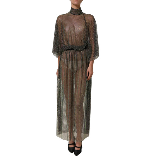 Dolce & Gabbana Black Rhinestone Mesh Turtleneck Maxi Dress
