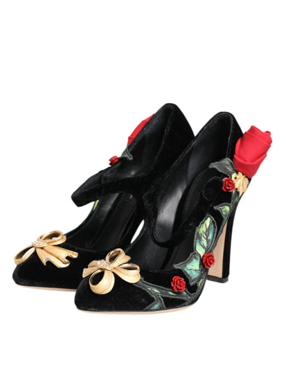 Dolce & Gabbana Black Roses Crystal Brooch Mary Jane Shoes