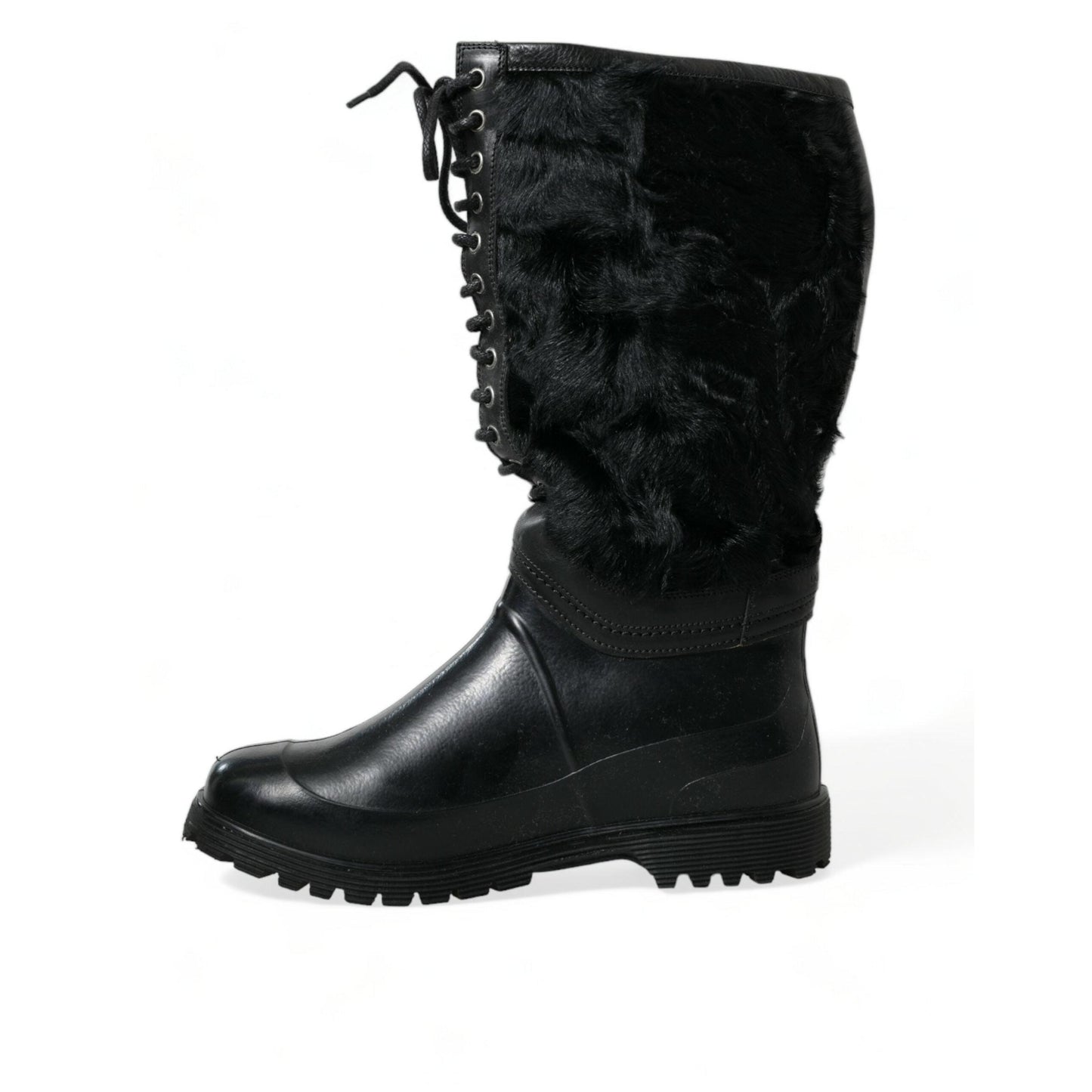 Dolce & Gabbana Black Rubber Lace Up Shearling Rain Boots Shoes