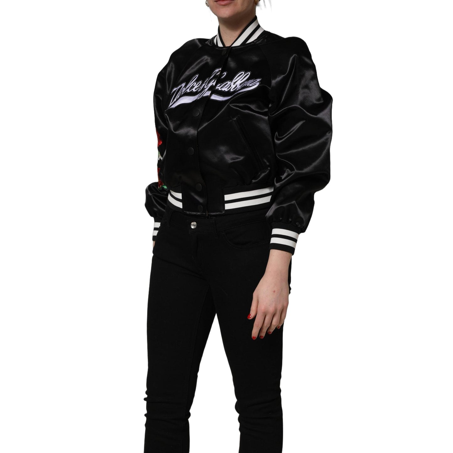 Dolce & Gabbana Black Satin Floral Embroidery Bomber Jacket