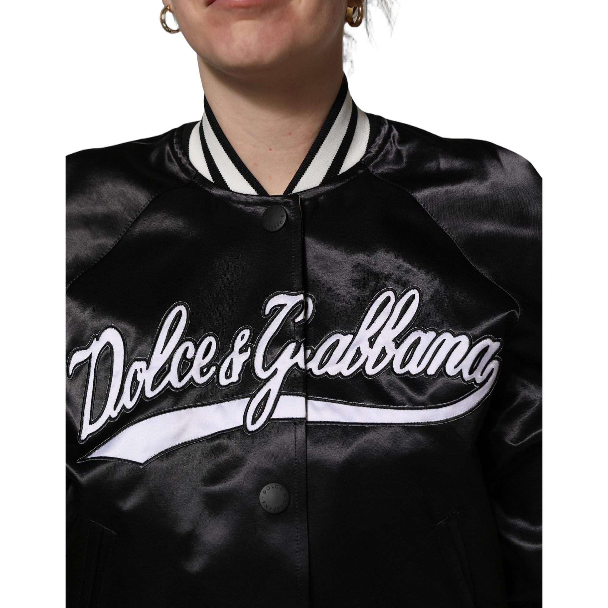 Dolce & Gabbana Black Satin Floral Embroidery Bomber Jacket