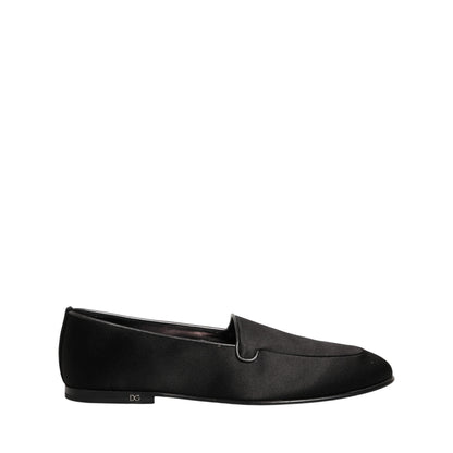 Dolce & Gabbana Black Satin Logo Slip On Flats Loafers Shoes
