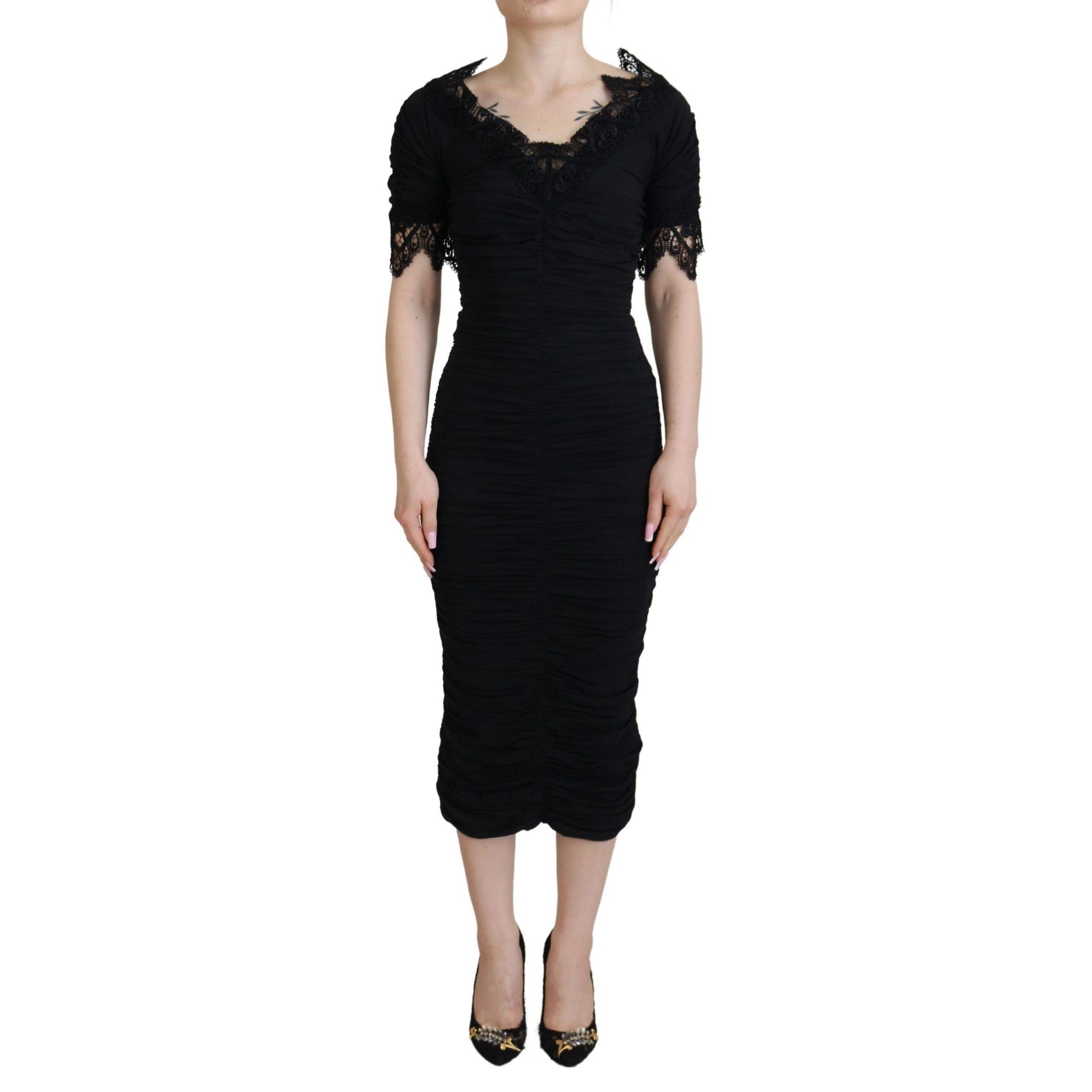 Dolce & Gabbana Black Sheath Midi Bodycon Lace Silk Dress