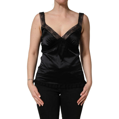 Dolce & Gabbana Black Silk Lace Trim Camisole V-neckline Tank Top