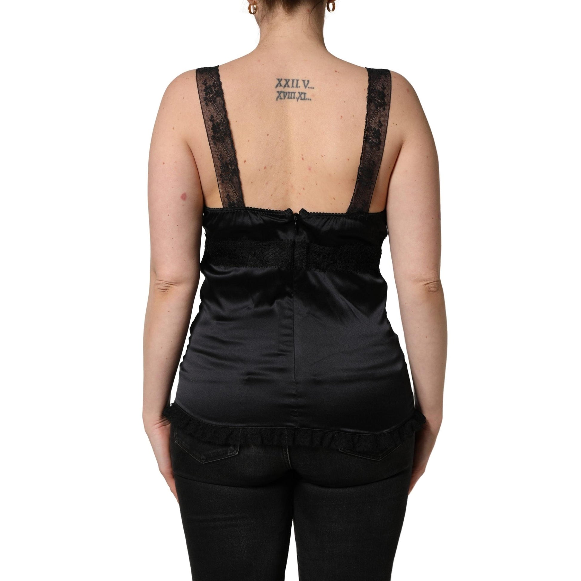 Dolce & Gabbana Black Silk Lace Trim Camisole V-neckline Tank Top
