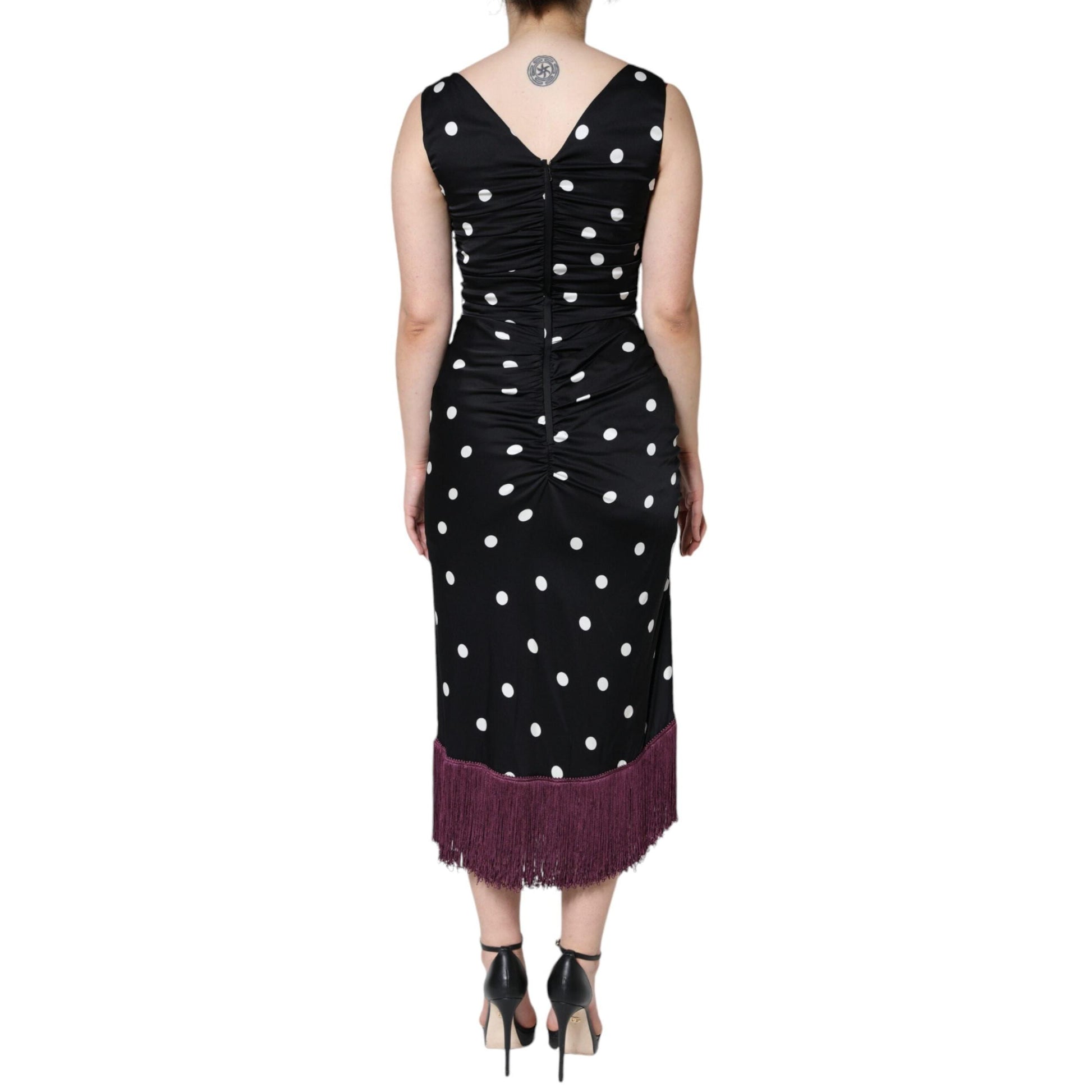 Dolce & Gabbana Black Silk Polka Dot Vneck Tassel Midi Dress