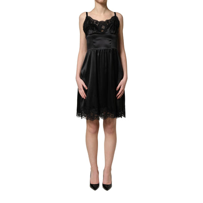 Dolce & Gabbana Black Silk Satin Lace Sleeveless Mini Dress