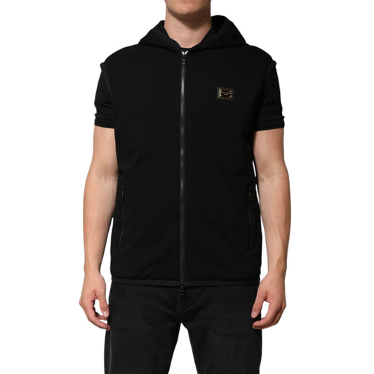 Dolce & Gabbana Black Sleeveless Hooded Logo Plaque Jacket