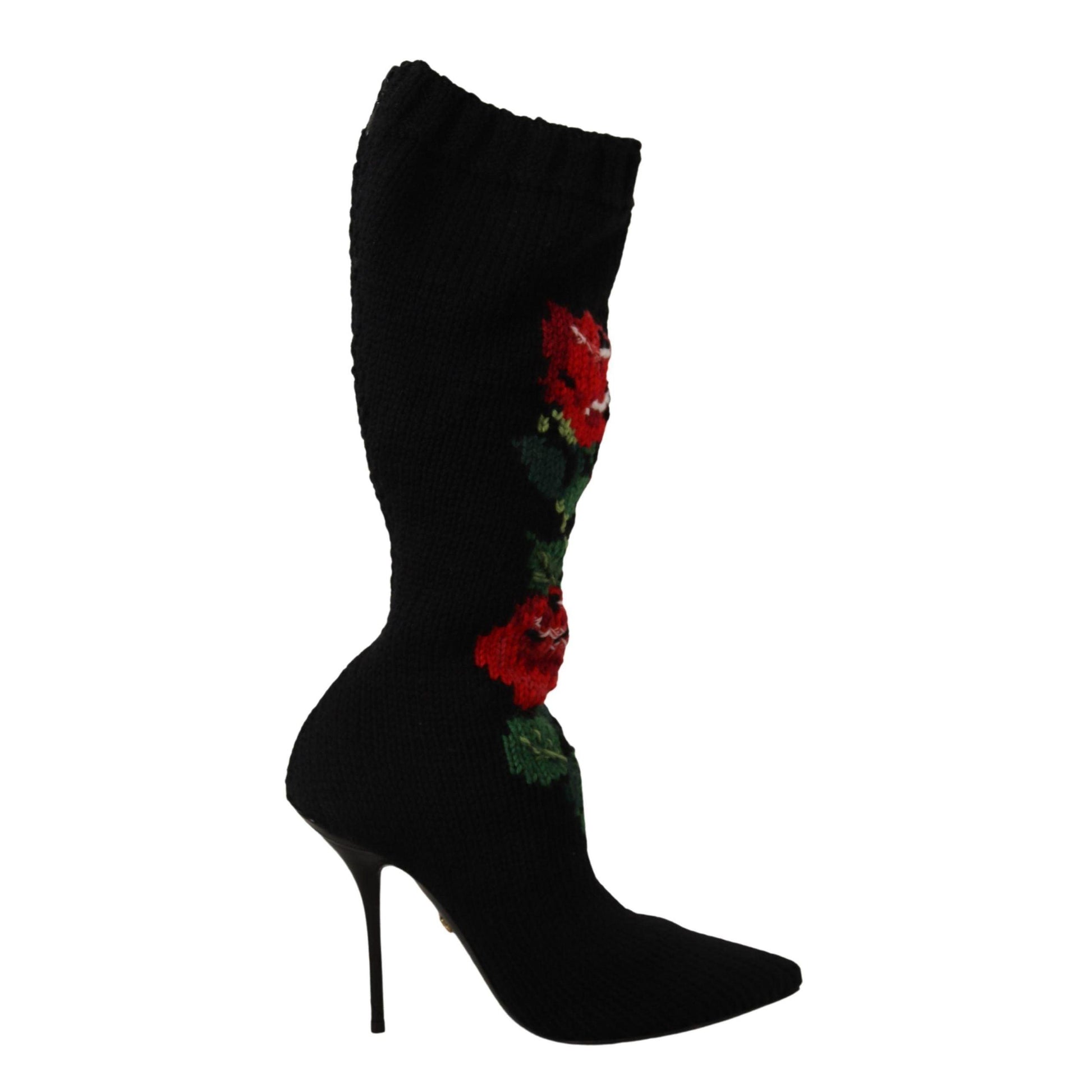 Dolce & Gabbana Black Stretch Socks Red Roses Booties Shoes
