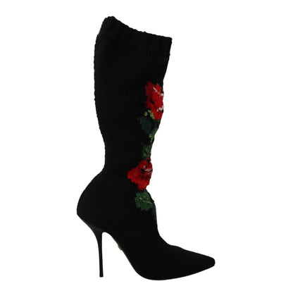 Dolce & Gabbana Black Stretch Socks Red Roses Booties Shoes