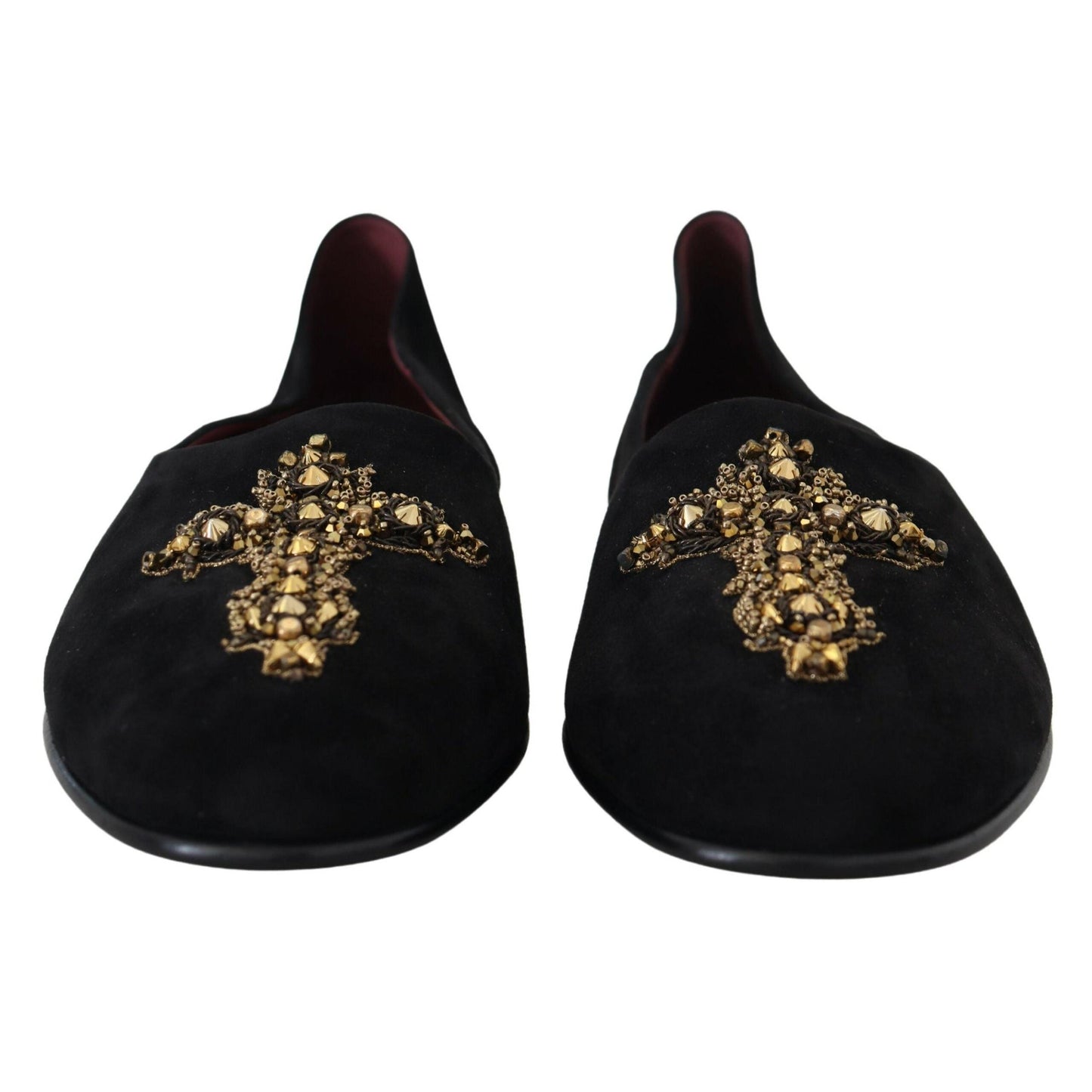 Dolce & Gabbana Black Suede Gold Cross Slip On Loafers Shoes