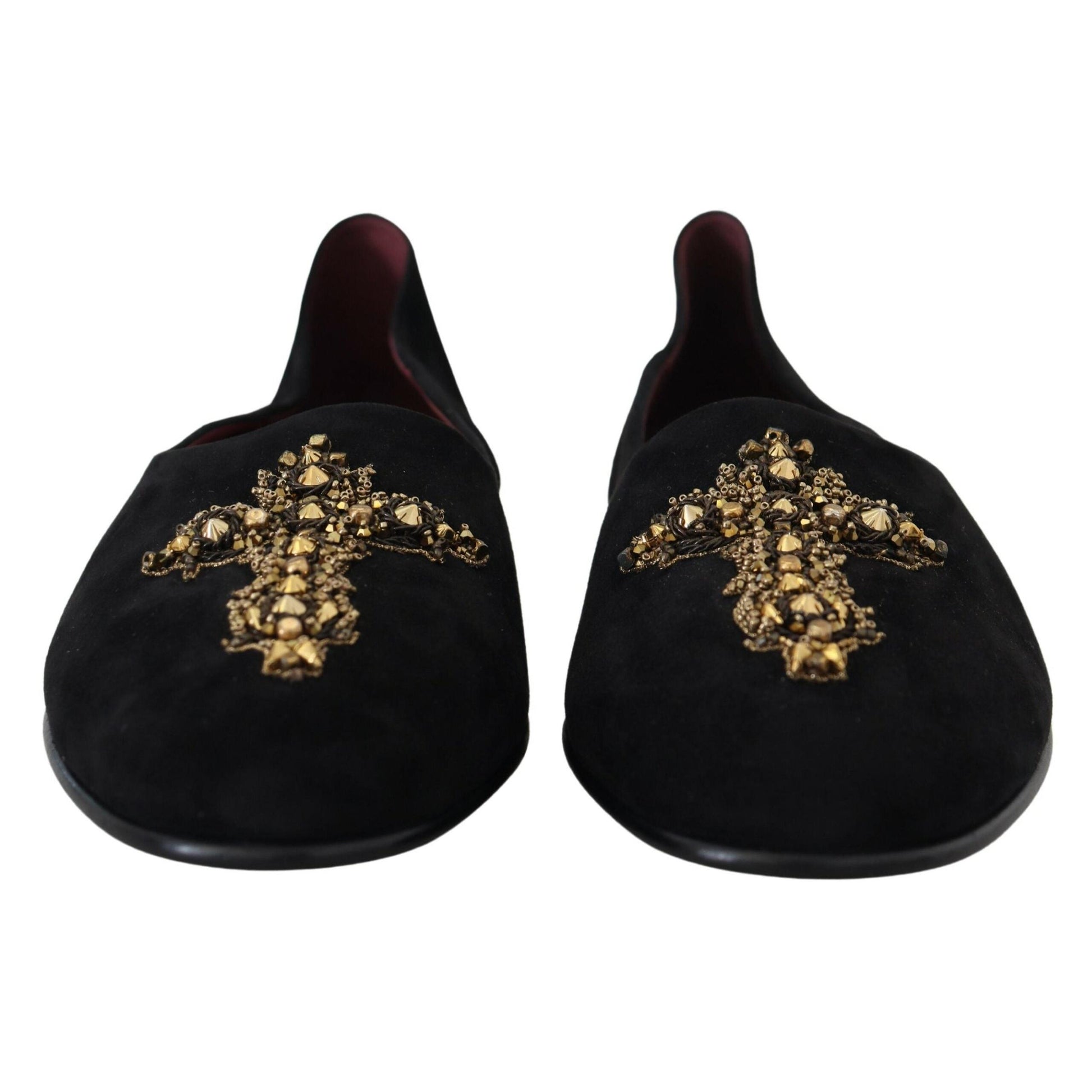 Dolce & Gabbana Black Suede Gold Cross Slip On Loafers Shoes
