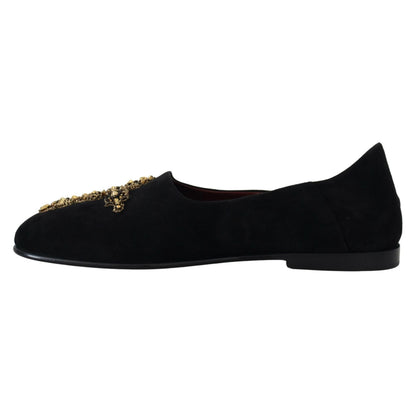 Dolce & Gabbana Black Suede Gold Cross Slip On Loafers Shoes
