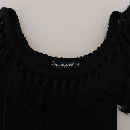 Dolce & Gabbana Black Tank Top Blouse Tassle Cotton Blouse