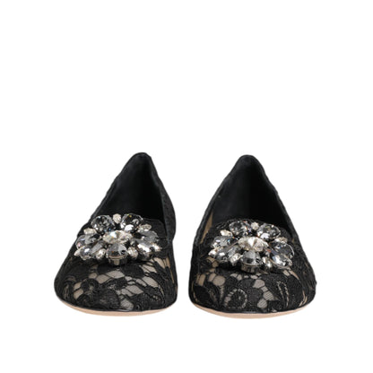 Dolce & Gabbana Black Taormina Lace Crystals Flats Shoes