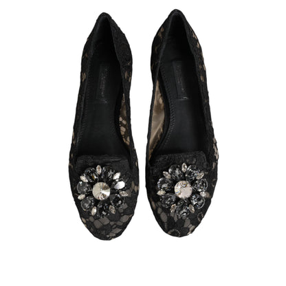 Dolce & Gabbana Black Taormina Lace Crystals Flats Shoes