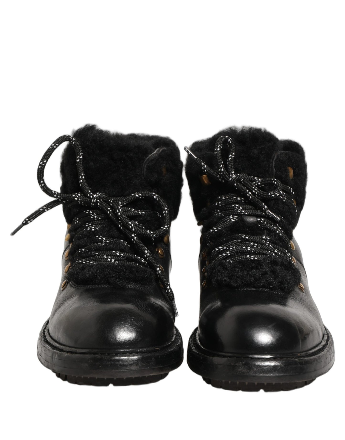 Dolce & Gabbana Black Trekking Fur Lace Leather Boots Shoes