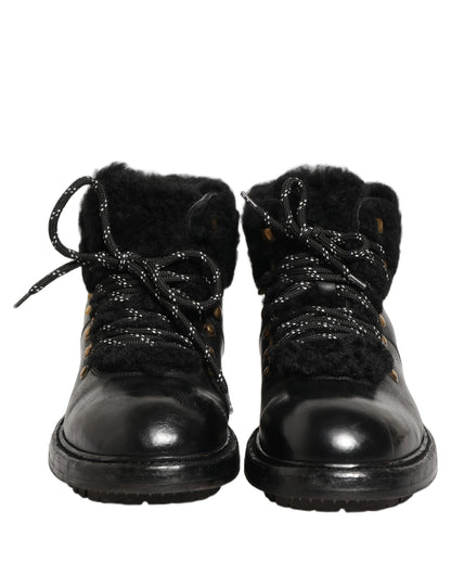Dolce & Gabbana Black Trekking Fur Lace Leather Boots Shoes