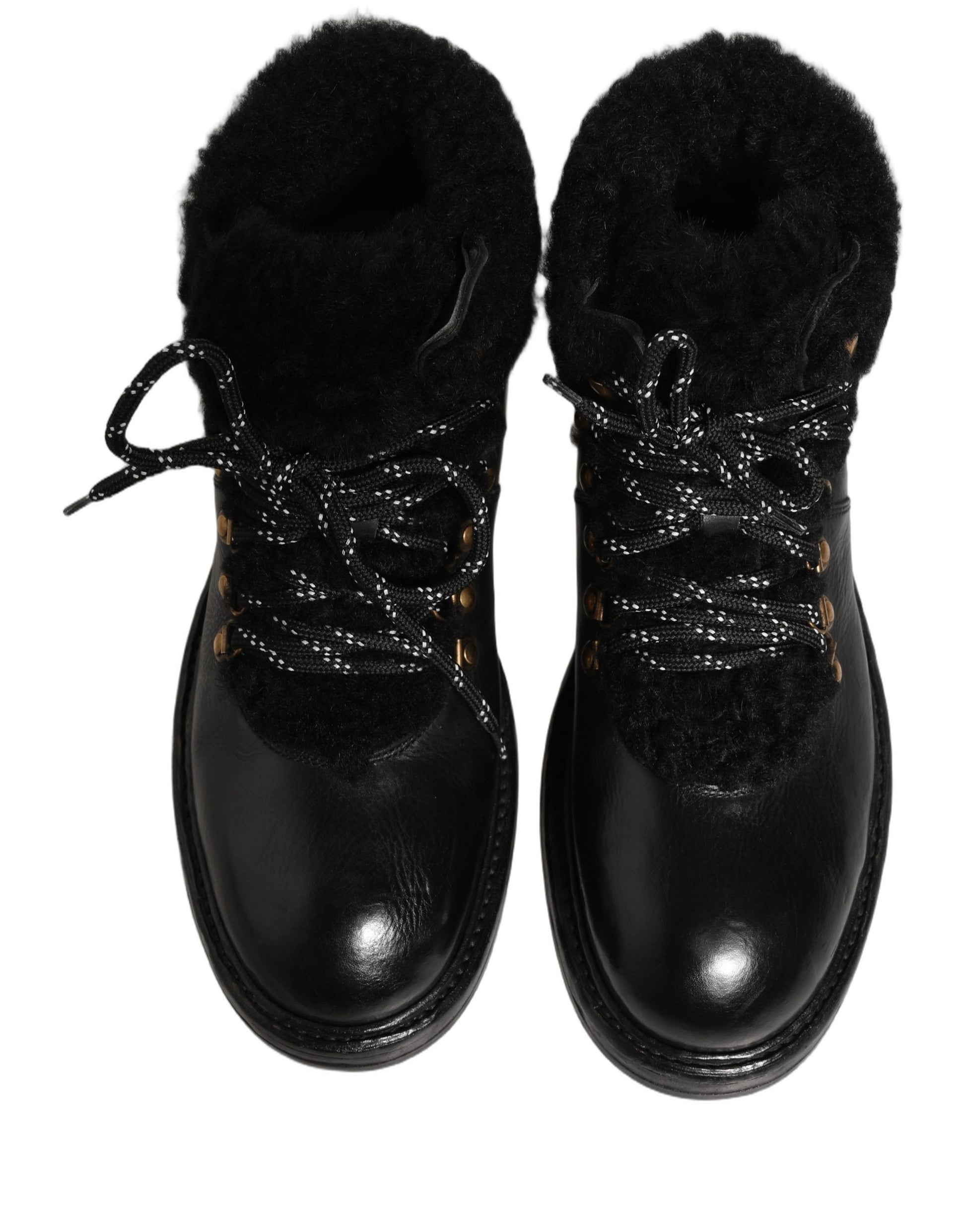 Dolce & Gabbana Black Trekking Fur Lace Leather Boots Shoes