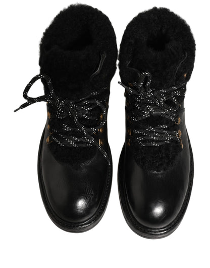 Dolce & Gabbana Black Trekking Fur Lace Leather Boots Shoes
