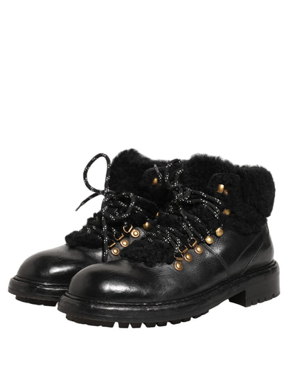 Dolce & Gabbana Black Trekking Fur Lace Leather Boots Shoes