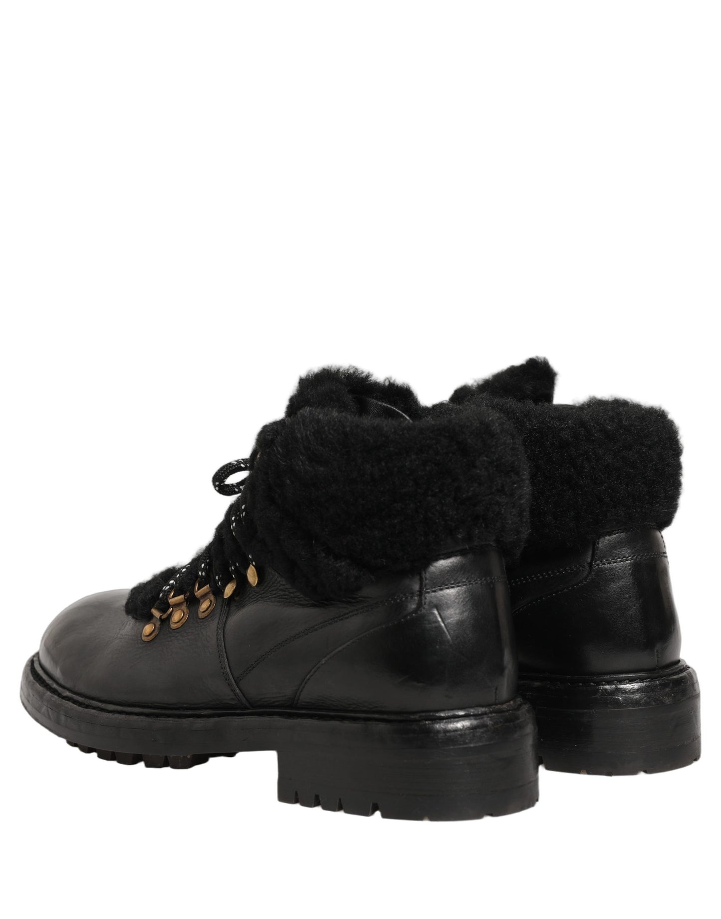 Dolce & Gabbana Black Trekking Fur Lace Leather Boots Shoes