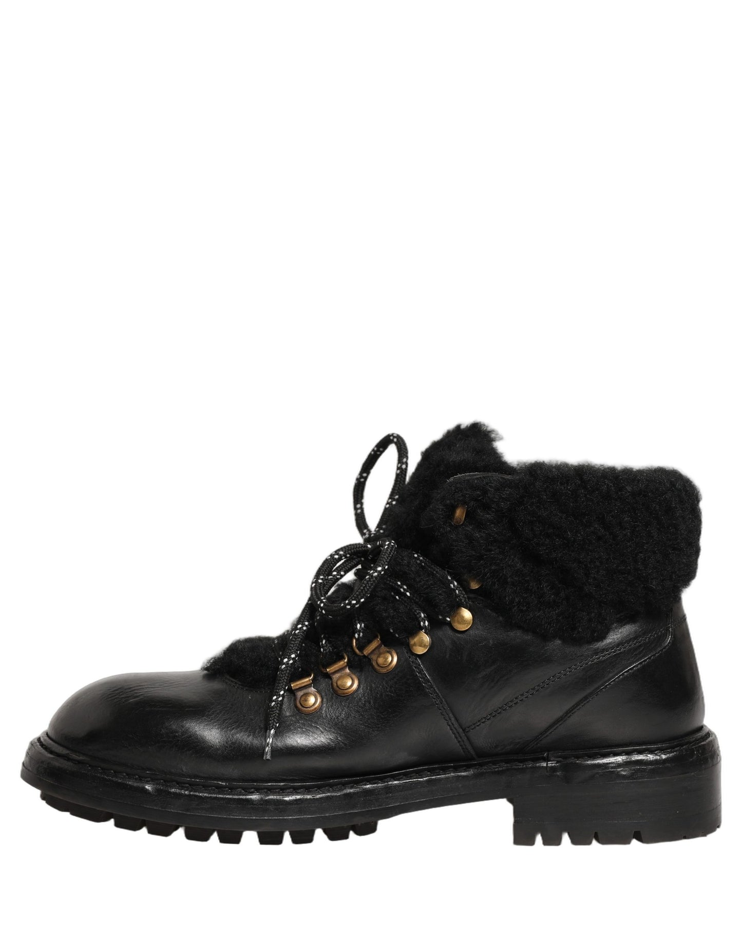 Dolce & Gabbana Black Trekking Fur Lace Leather Boots Shoes