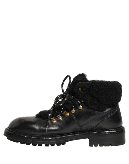 Dolce & Gabbana Black Trekking Fur Lace Leather Boots Shoes