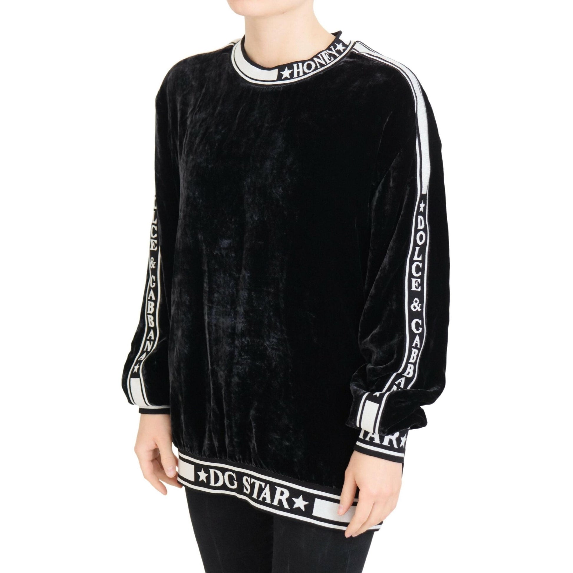 Dolce & Gabbana Black Velvet Crewneck Pullover Sweater