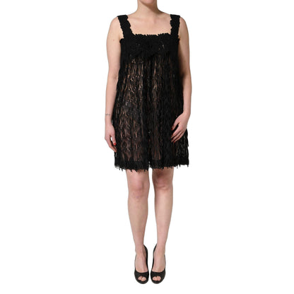 Dolce & Gabbana Black Viscose Fringed Sleeveless Mini Dress