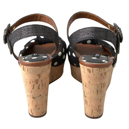 Dolce & Gabbana Black Wedges Polka Dotted Ankle Strap Shoes Sandals