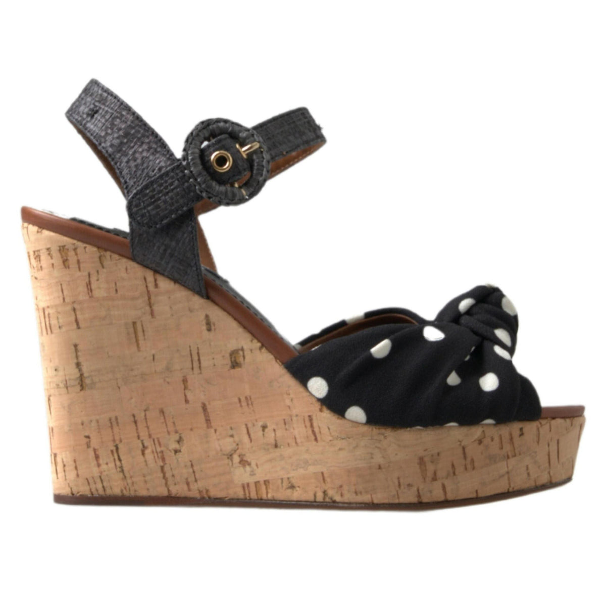 Dolce & Gabbana Black Wedges Polka Dotted Ankle Strap Shoes Sandals