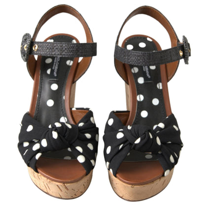 Dolce & Gabbana Black Wedges Polka Dotted Ankle Strap Shoes Sandals