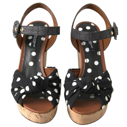 Dolce & Gabbana Black Wedges Polka Dotted Ankle Strap Shoes Sandals