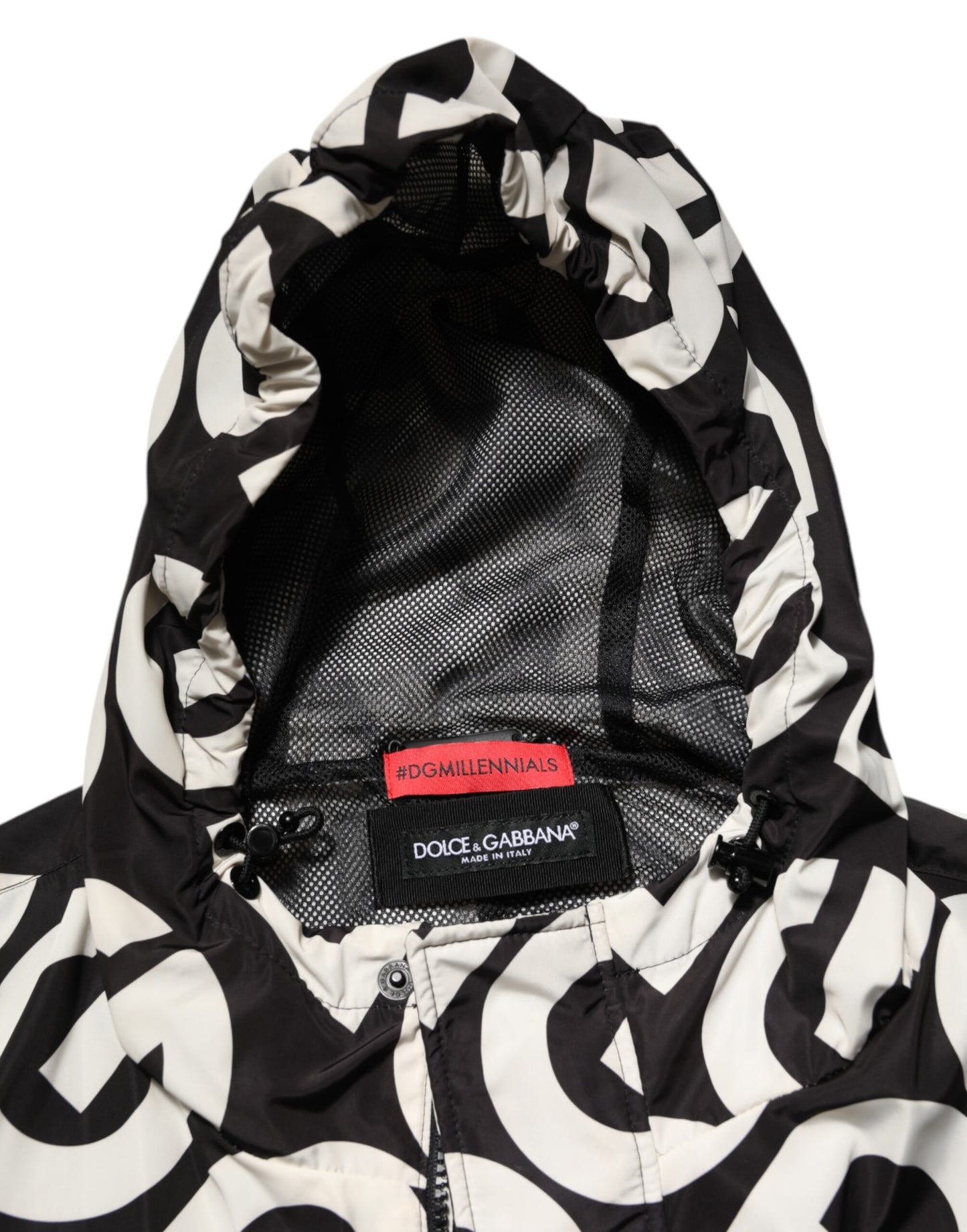 Dolce & Gabbana Black White Logo Print Hooded Coat Men Jacket